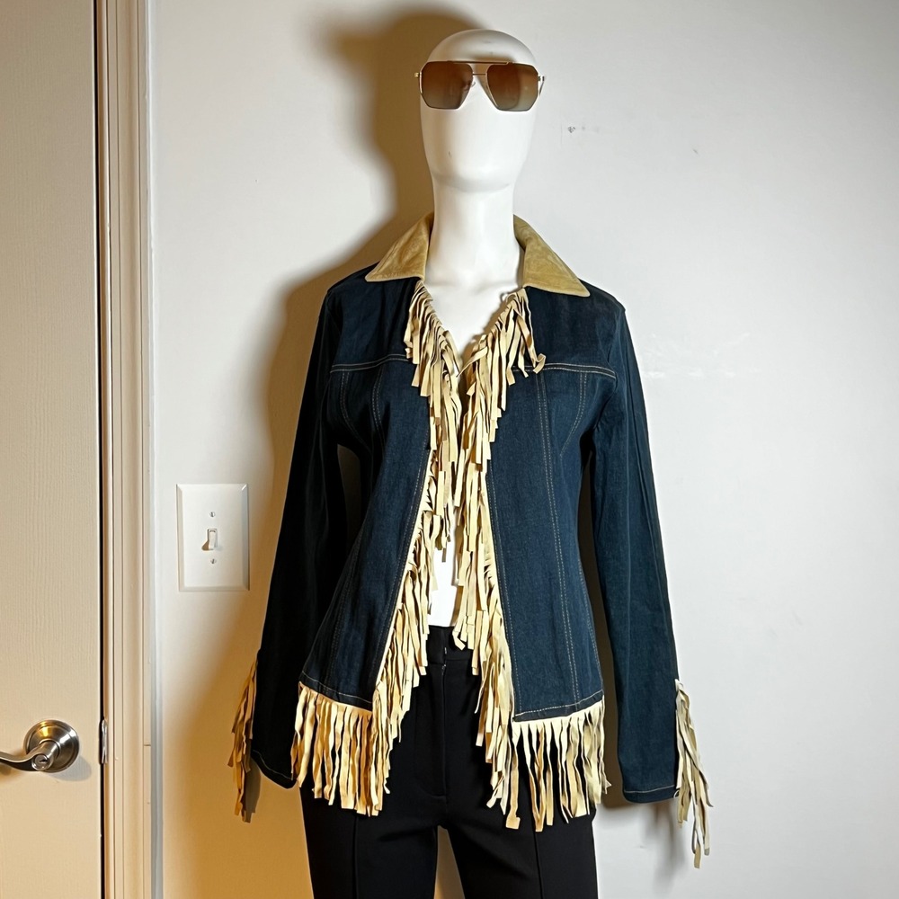 Dark Denim Jacket Genuine Suede Fringe Western Boho Cowgirl Y2K Small